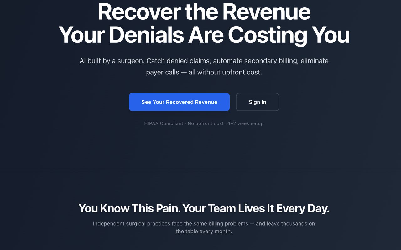 The medical-billing platform's landing page, headlined "Recover the Revenue Your Denials Are Costing You", with cards describing denied claims, unbilled secondary claims and missing accounts-receivable visibility.
