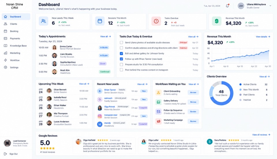 The Noran Shine CRM dashboard: sidebar navigation with stat tiles for new leads, sessions, overdue tasks and monthly revenue, alongside today's appointments, a task list, a revenue chart and a clients overview.