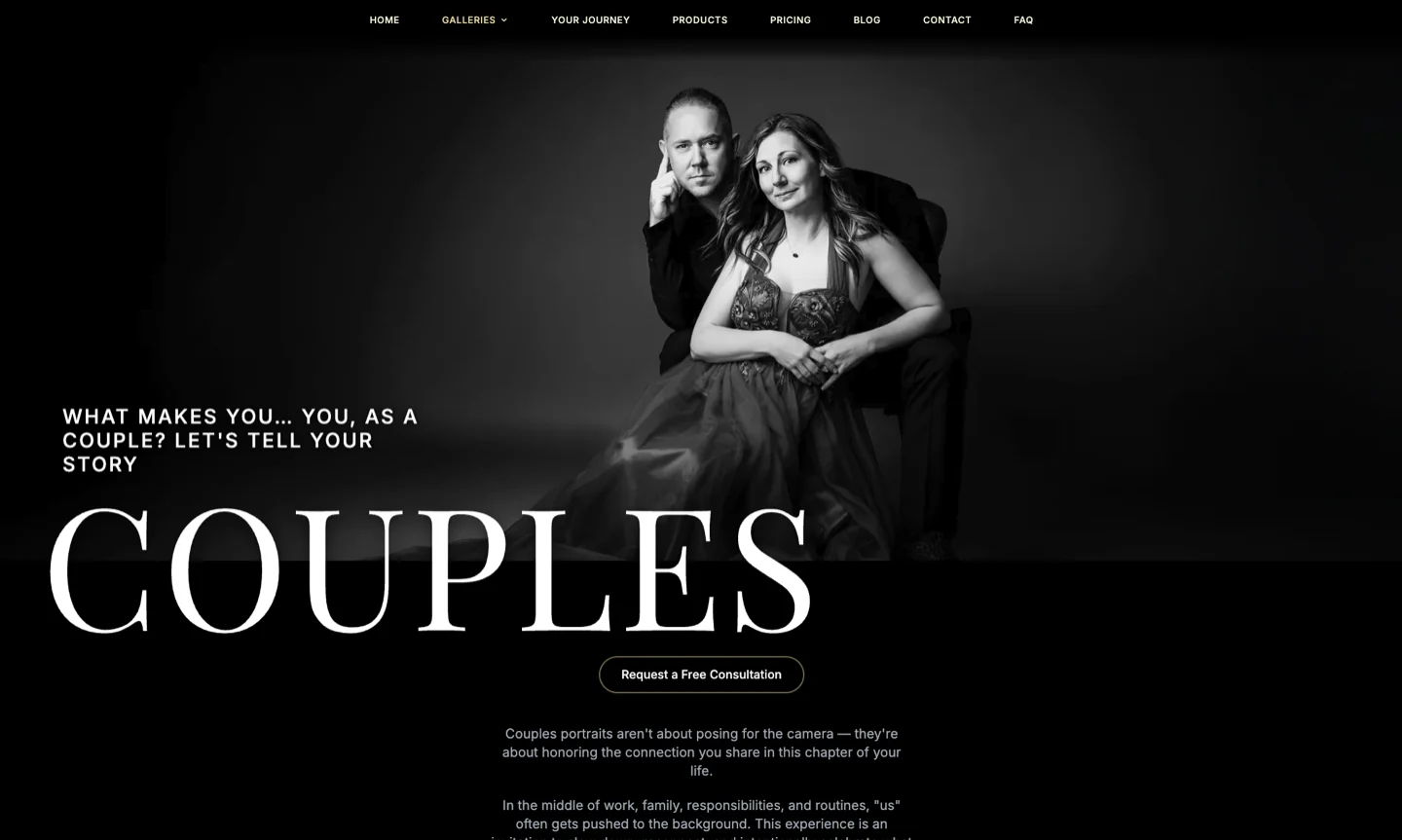 The noranshine.com photography site: a full-bleed black-and-white couples portrait under a large serif COUPLES wordmark, with a Request a Free Consultation button.