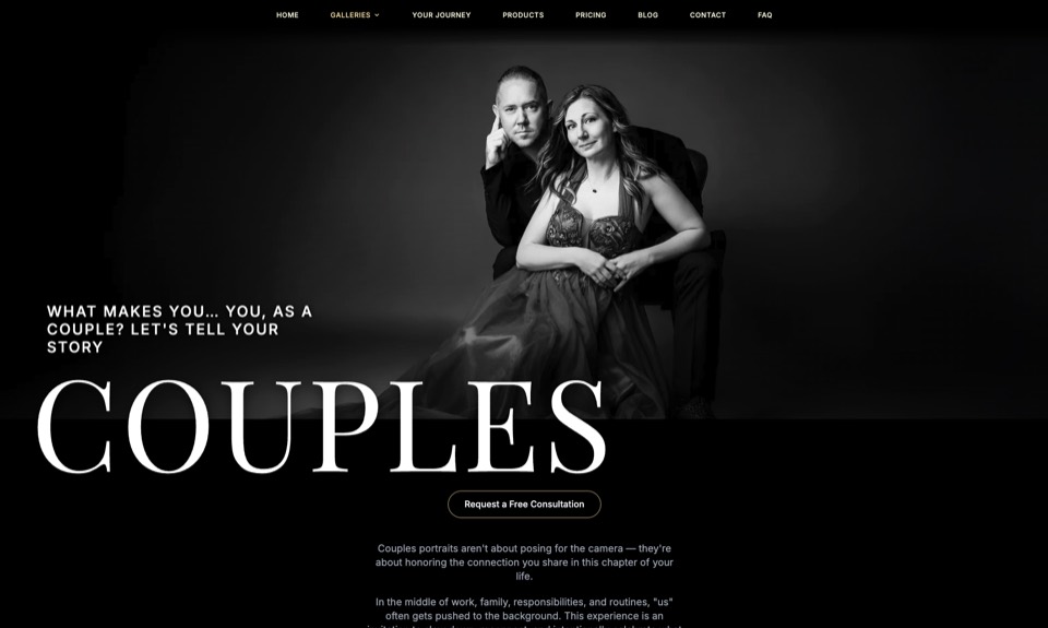 The noranshine.com photography site: a full-bleed black-and-white couples portrait under a large serif COUPLES wordmark, with a Request a Free Consultation button.