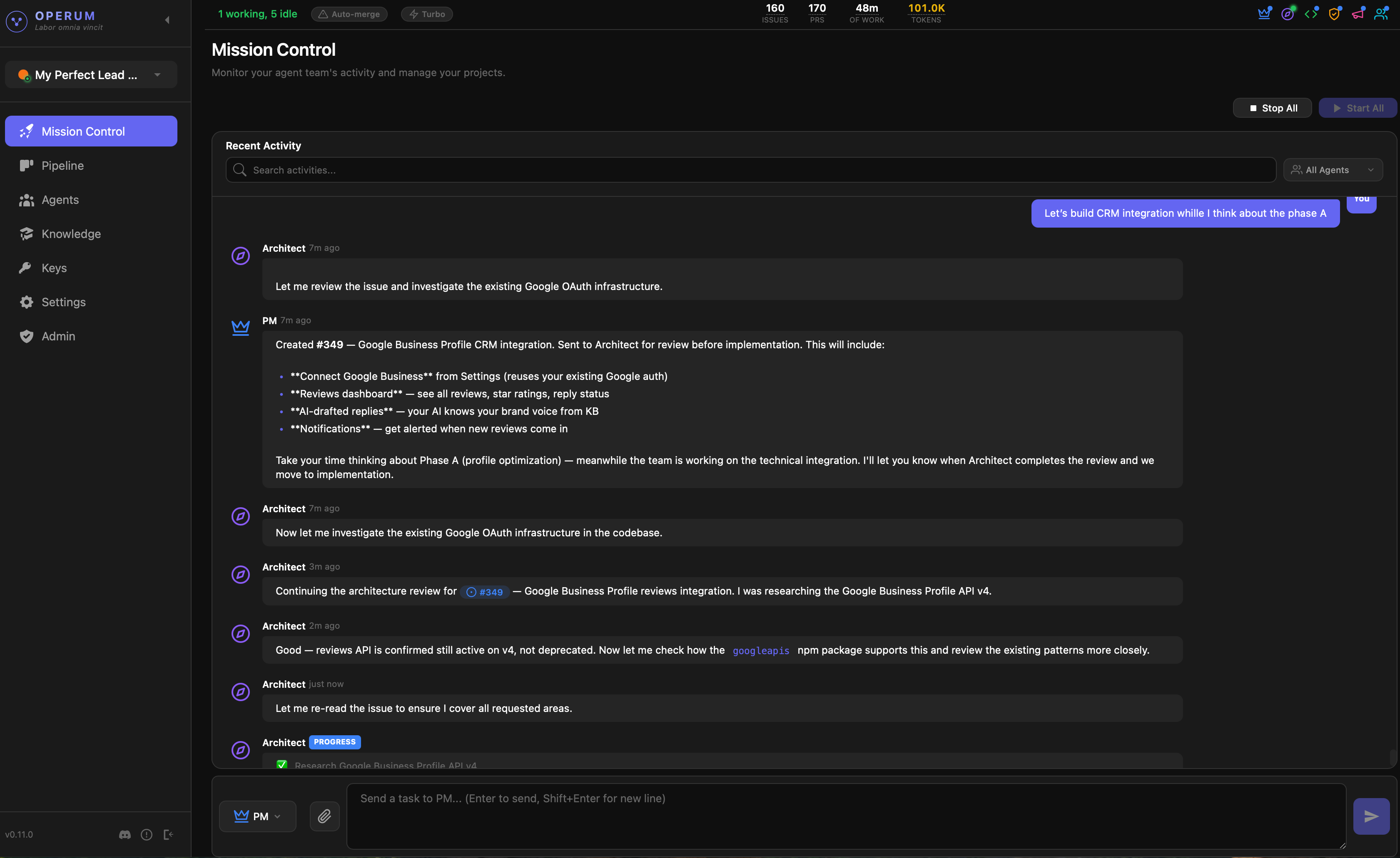 Operum Mission Control — your AI team coordinating in real time