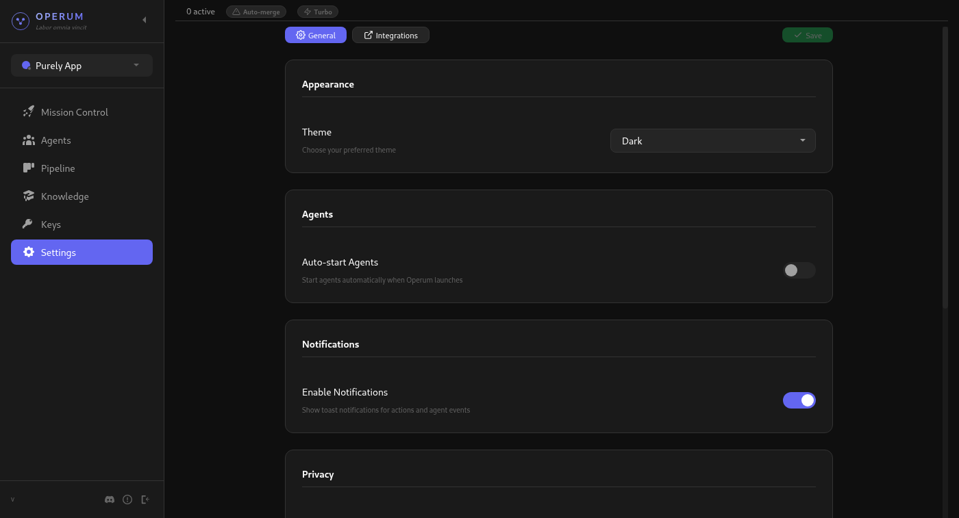 Operum settings page