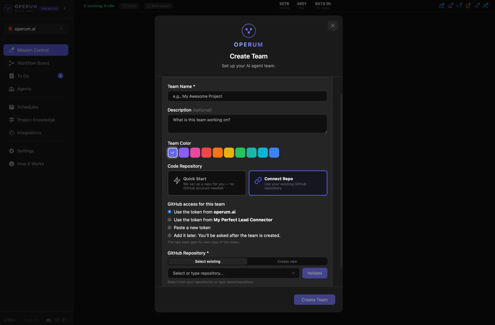 Create Team: fields for the team name, description and color, and the choice between Quick Start and connecting your own repository