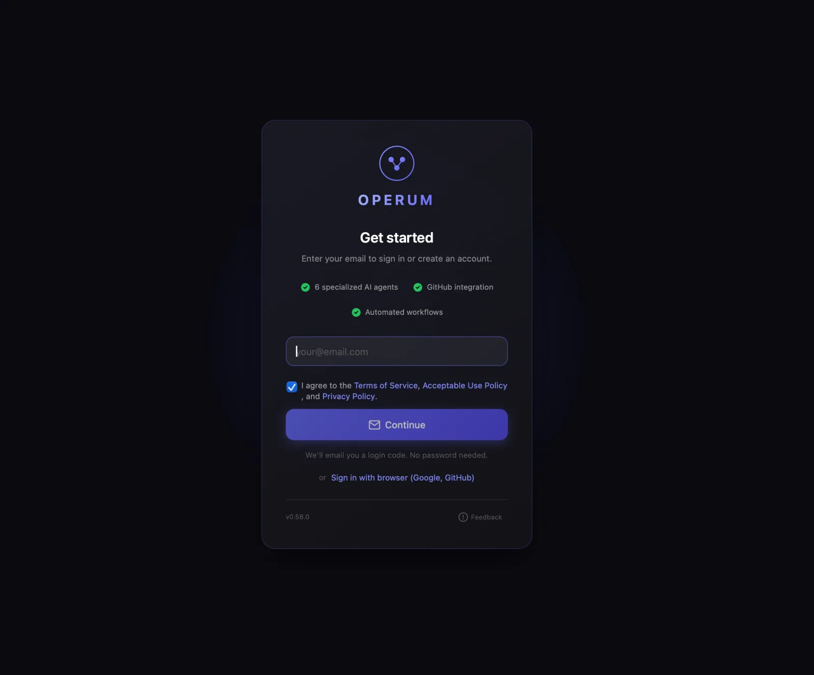 Operum’s Get started screen: enter your email to sign in or create an account