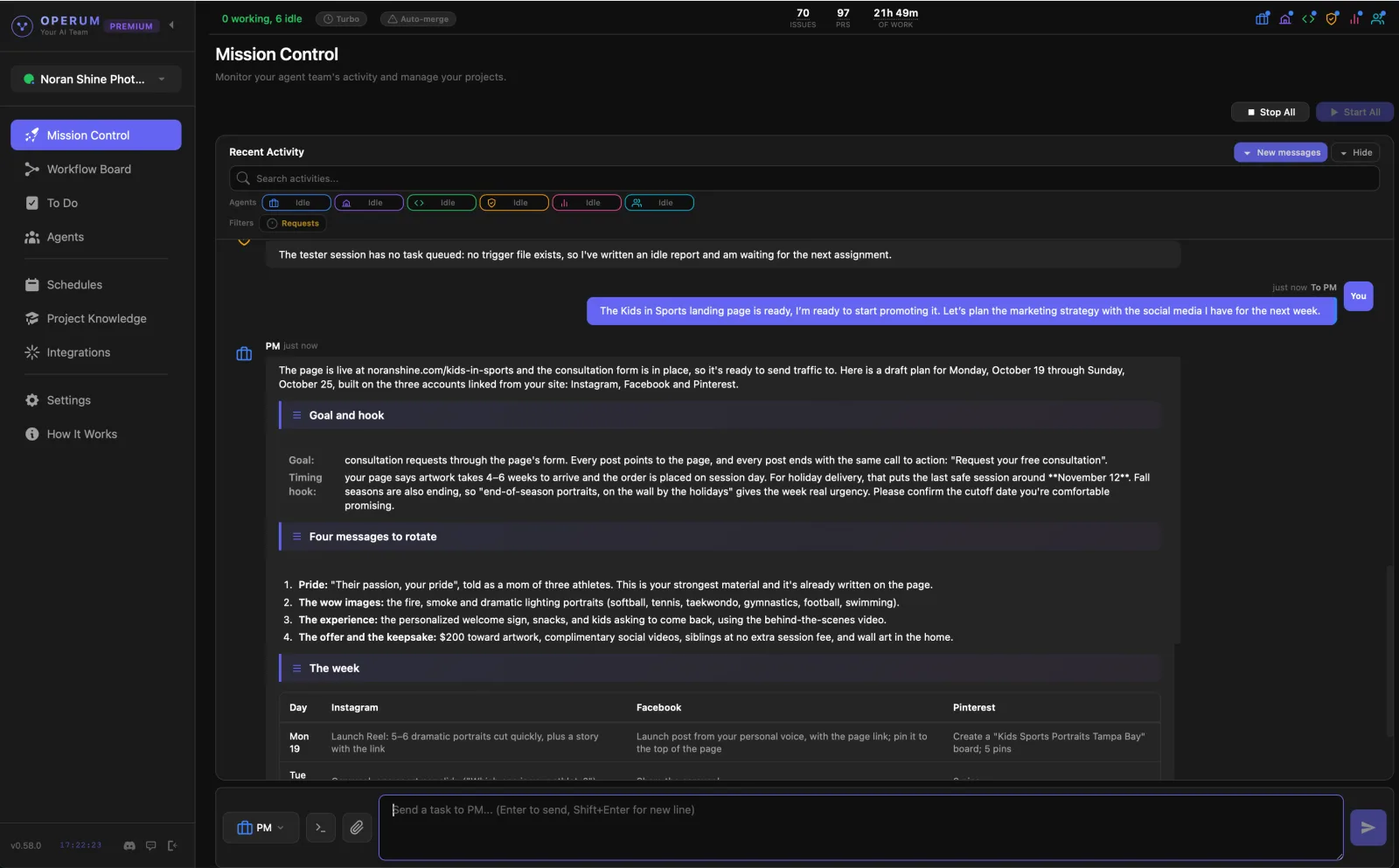 Mission Control: PM answers a request to promote a new landing page with a week-long plan across Instagram, Facebook and Pinterest