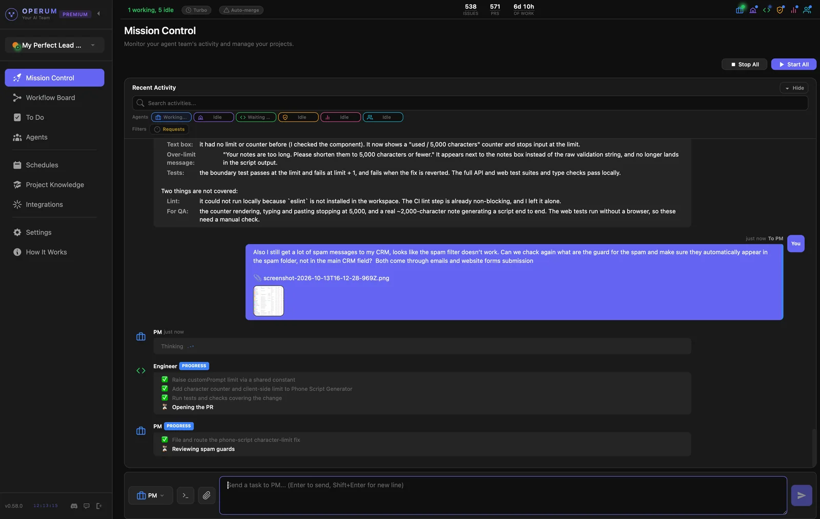 Mission Control: the Recent Activity feed, with an agent’s live checklist of steps