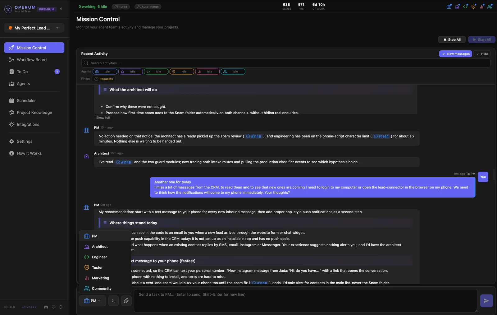 Mission Control: a conversation with PM, with the agent menu open above the message box