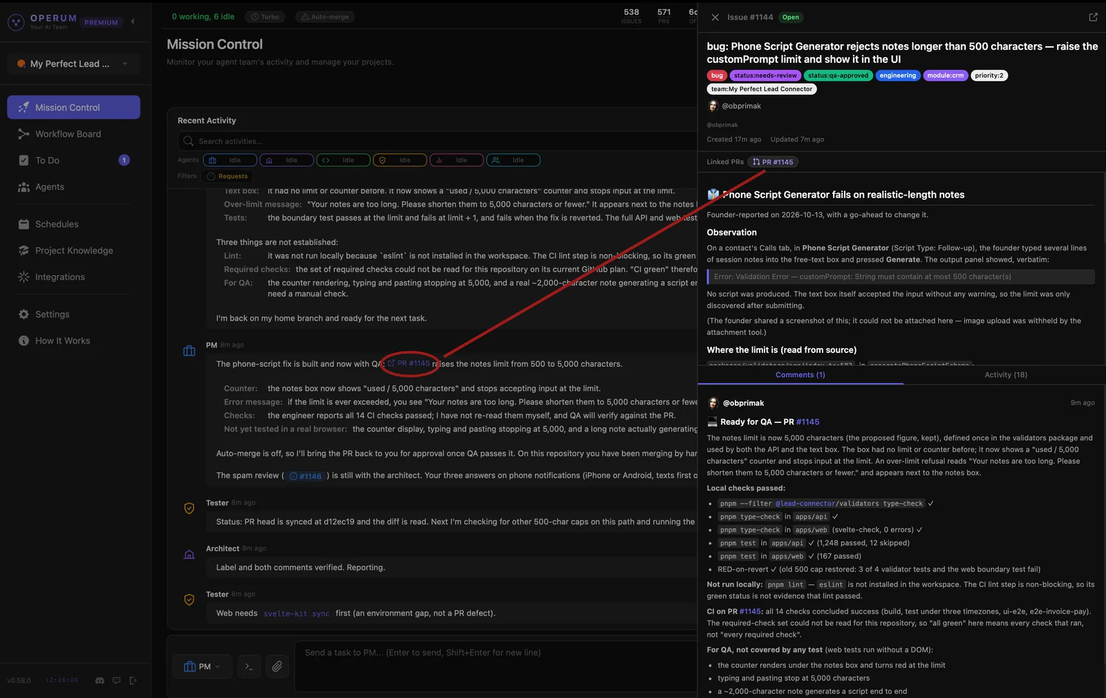 Mission Control: a task’s details panel open beside the chat, showing its status, linked review and comments