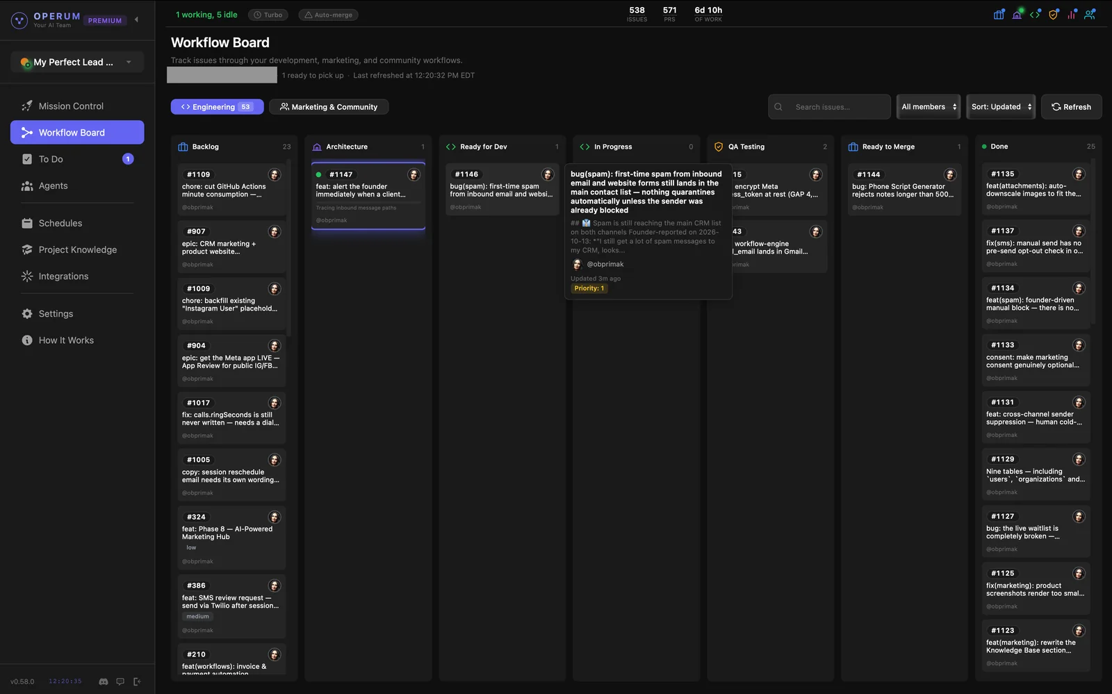 Workflow Board: tasks in columns from Backlog to Done