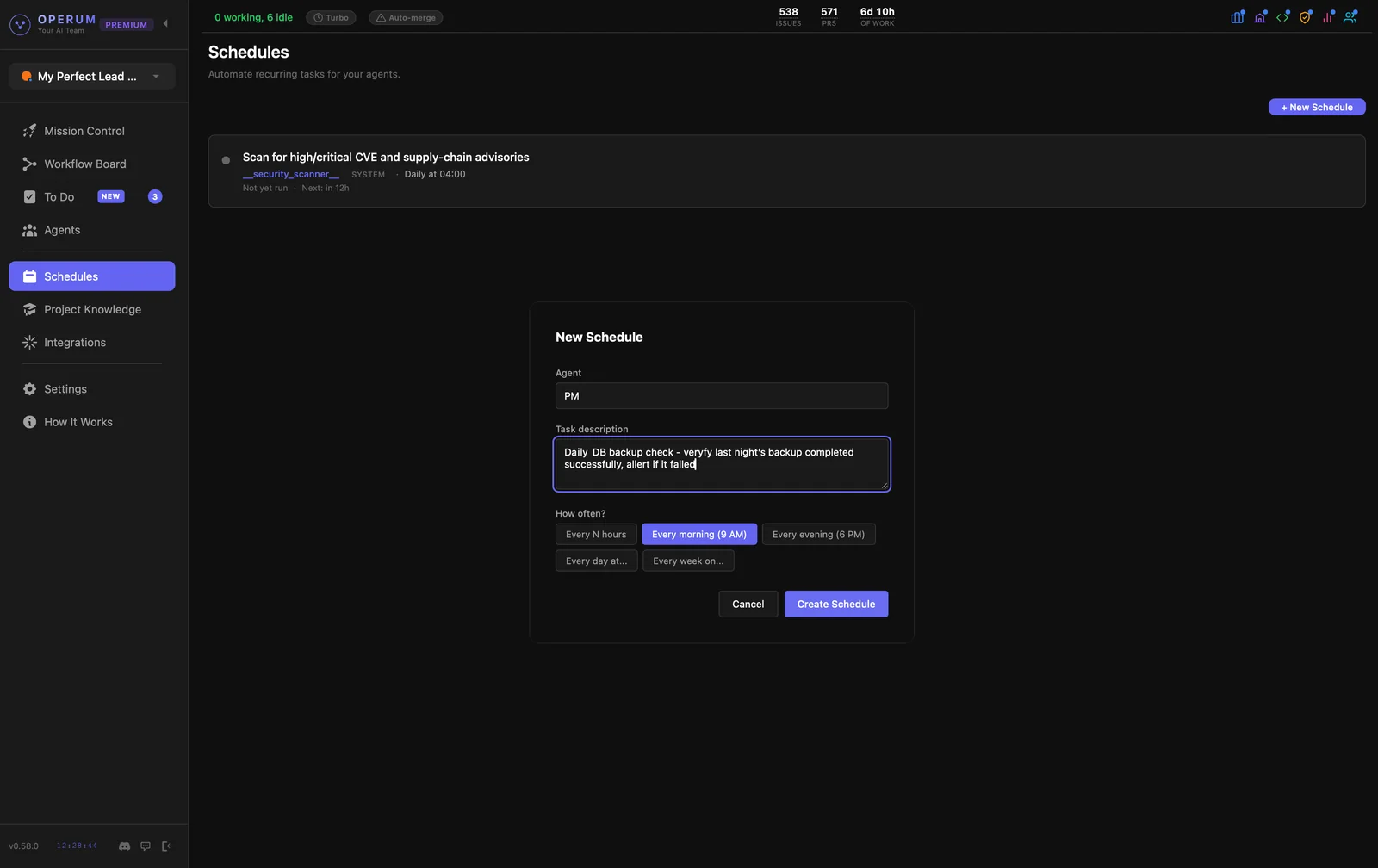 Schedules: the New Schedule dialog, with an agent, a task description and how often to run it