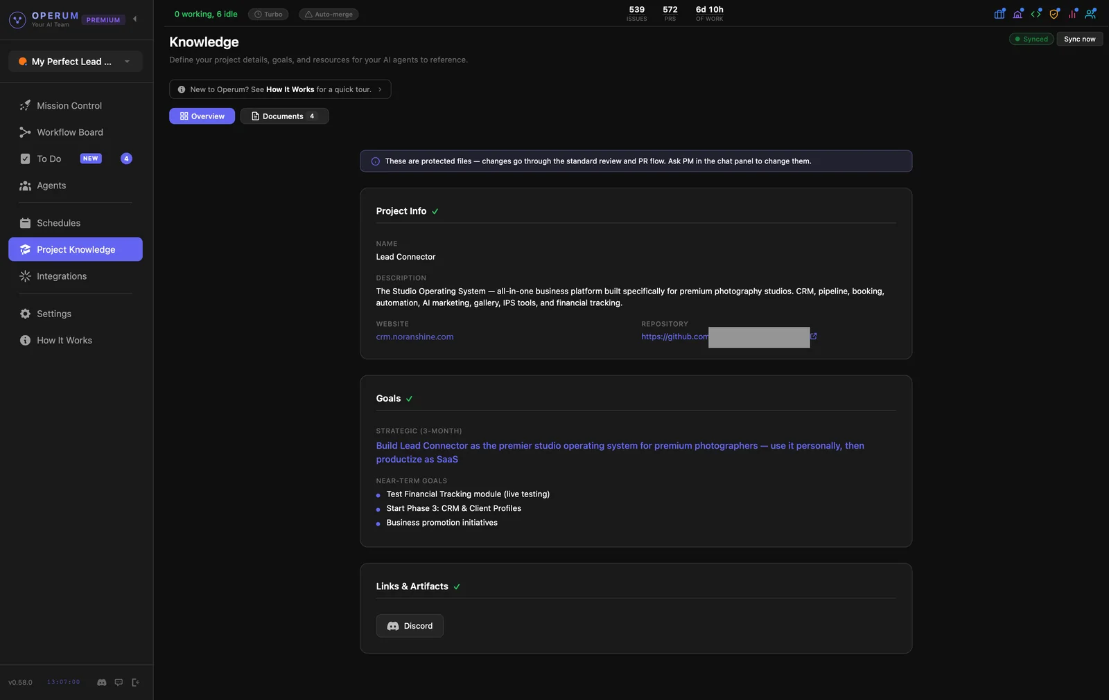 Project Knowledge: project info, goals, and links shared with every agent