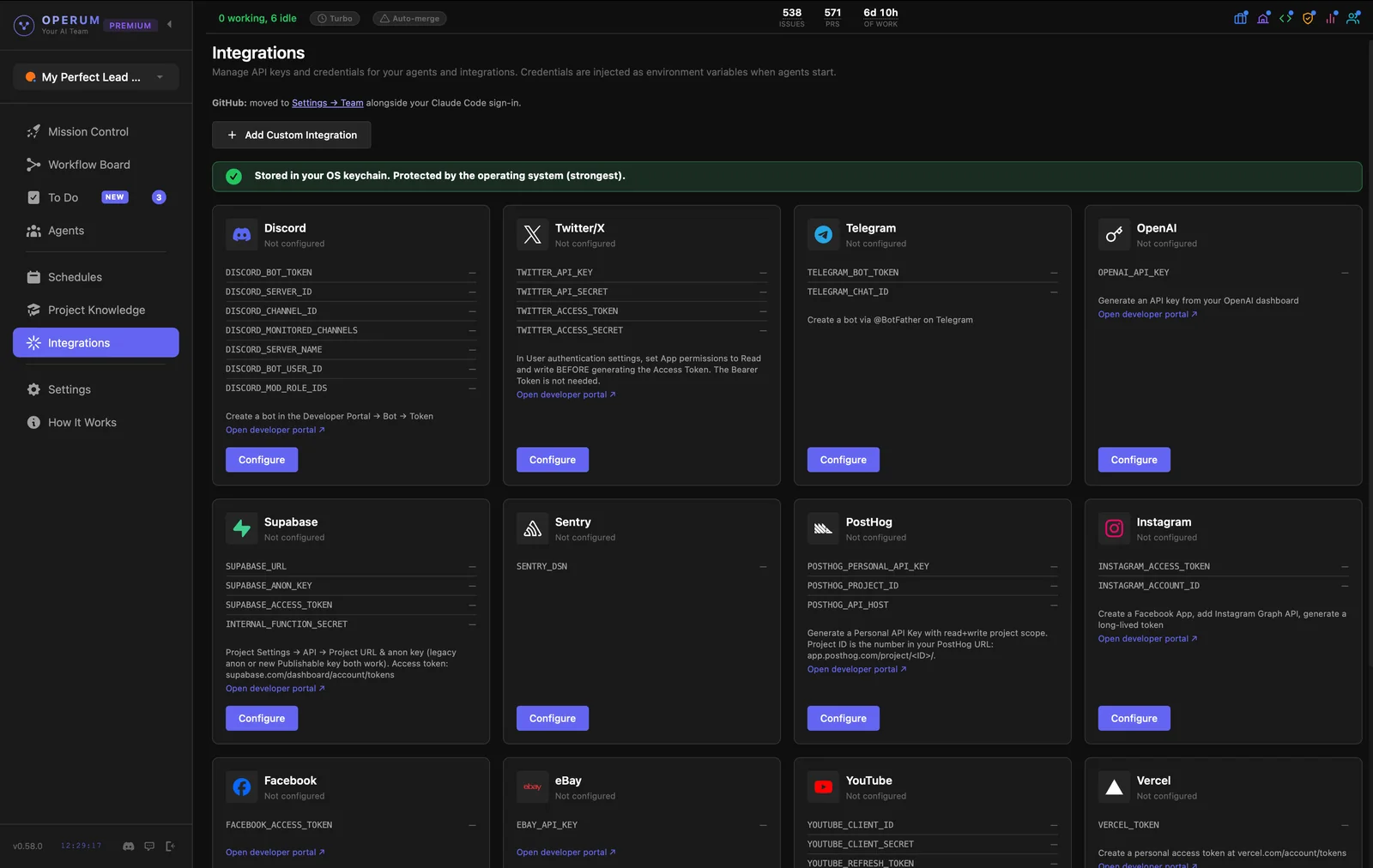 Integrations: cards for Discord, Twitter/X, Telegram, Supabase, Sentry, PostHog, Instagram and more