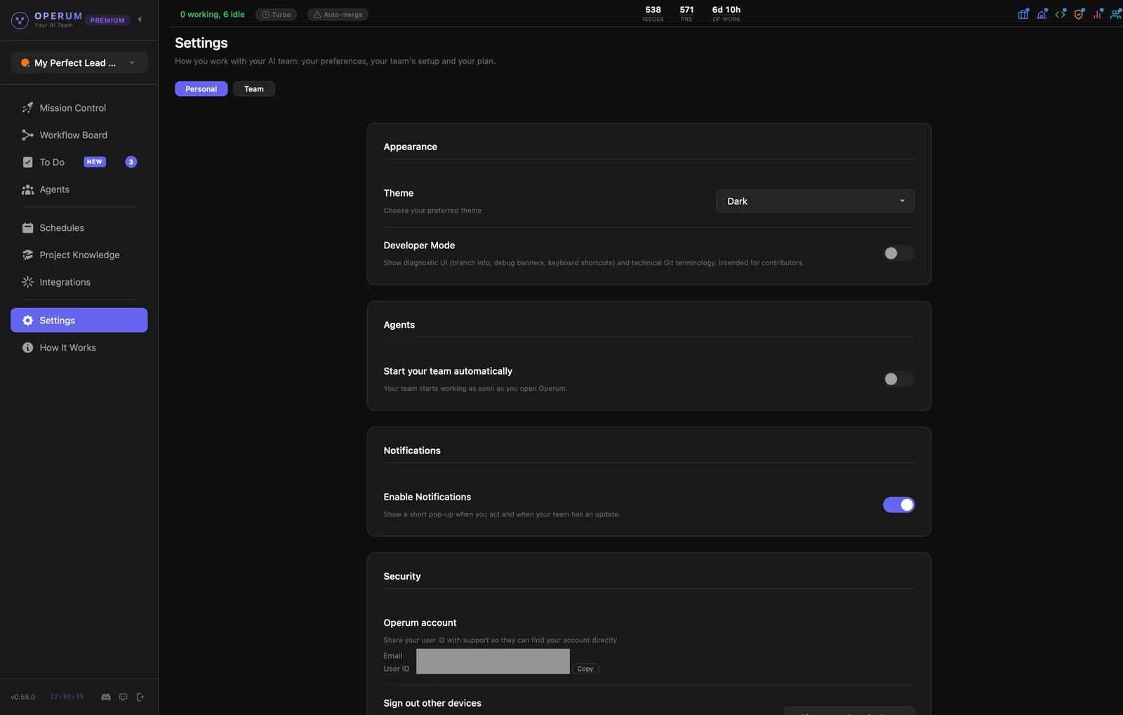 Settings: appearance, agents, notifications and security options