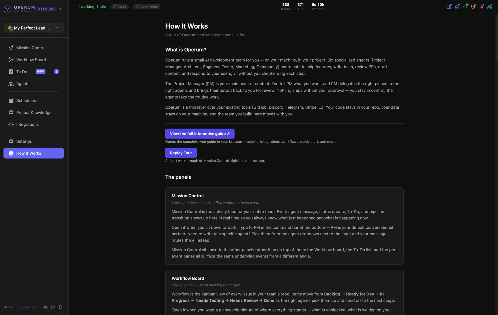 How It Works: a guide inside the app, with a link to the full guide, a Replay Tour button and a description of each panel
