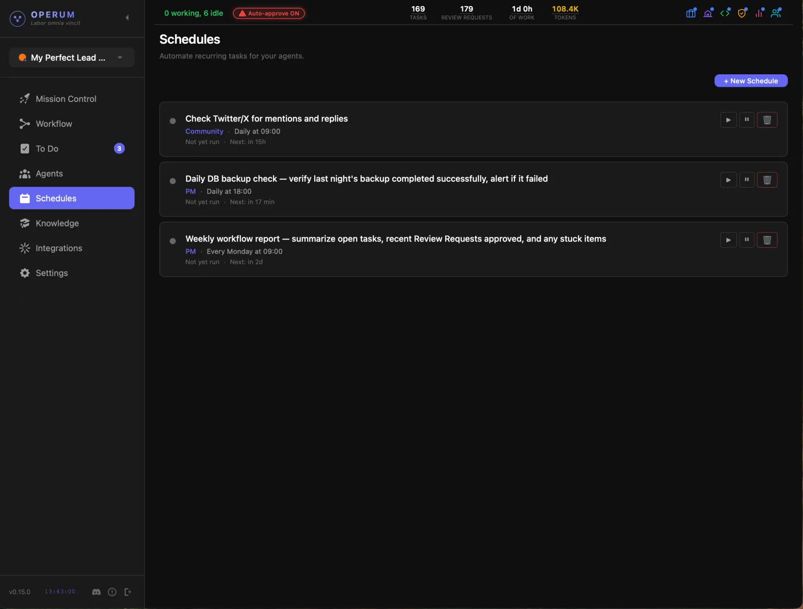 Operum Schedule — set up recurring tasks for your AI agents