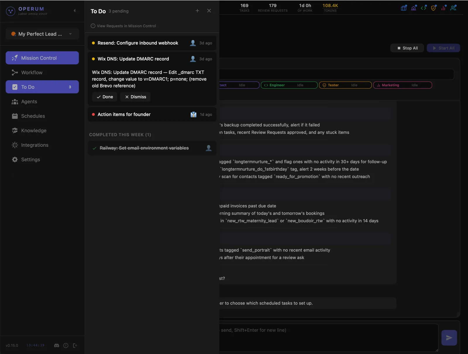 Operum To Do section — manual tasks that need your attention