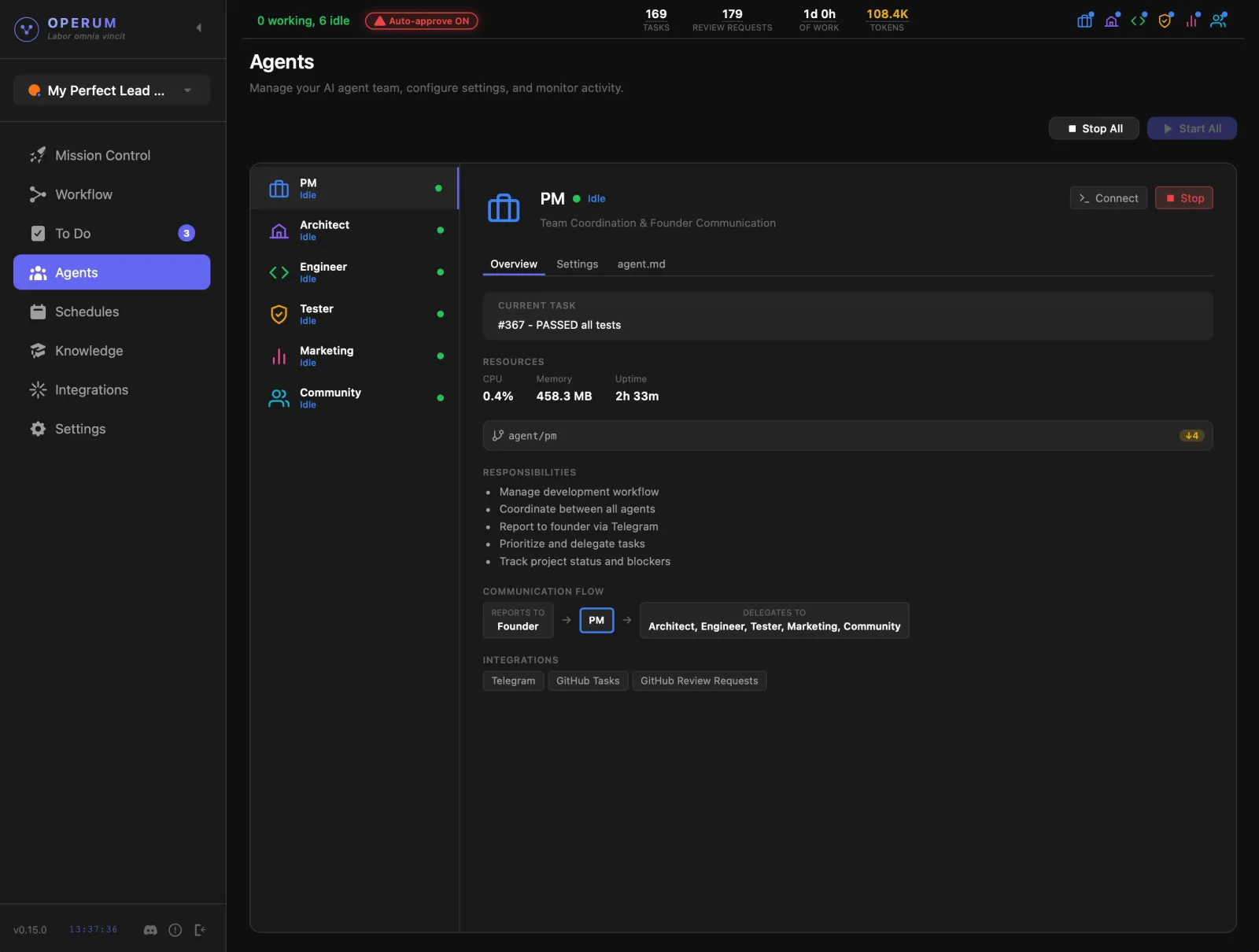 Operum agents page — start and configure your AI agents