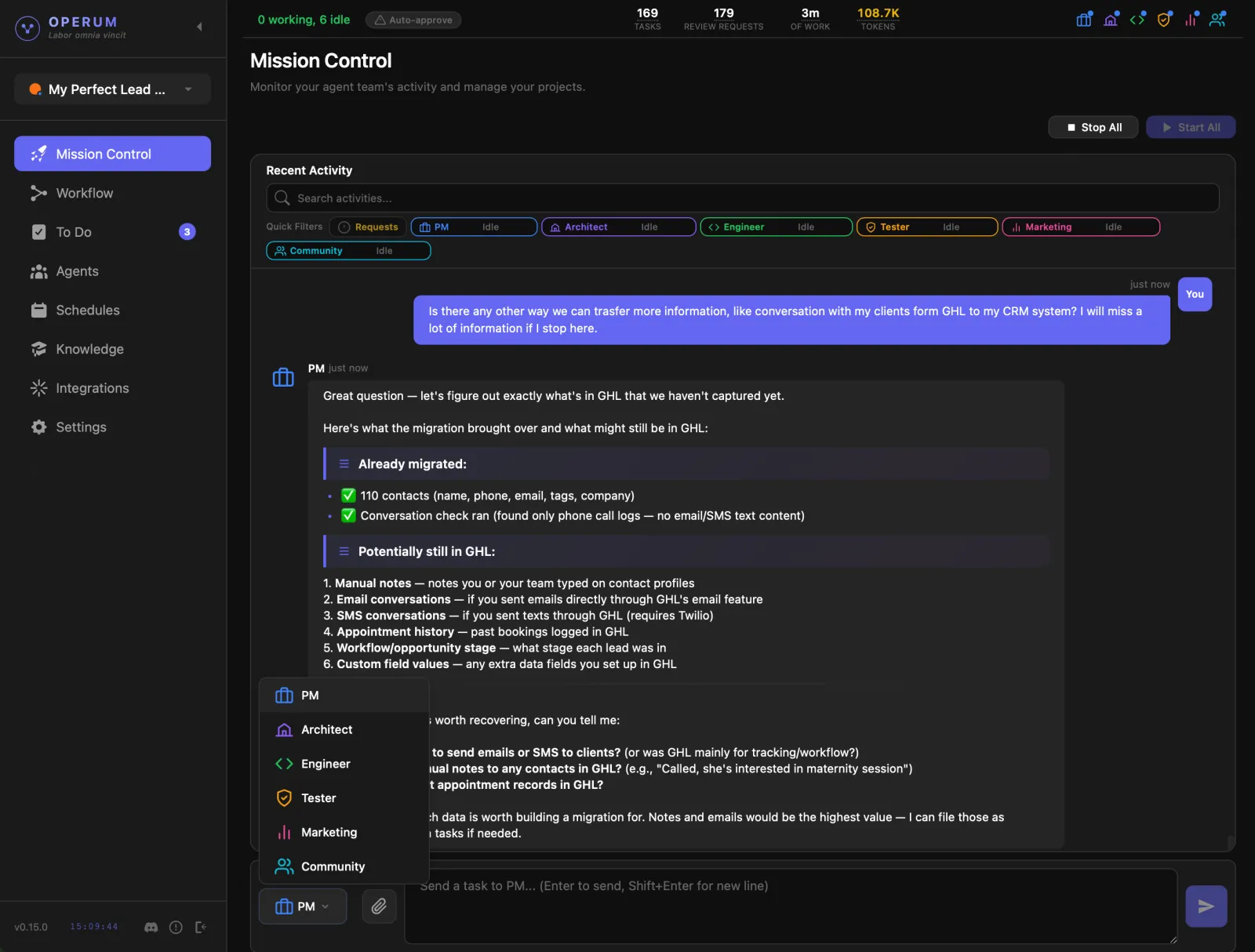 Operum Mission Control — chat with your PM agent