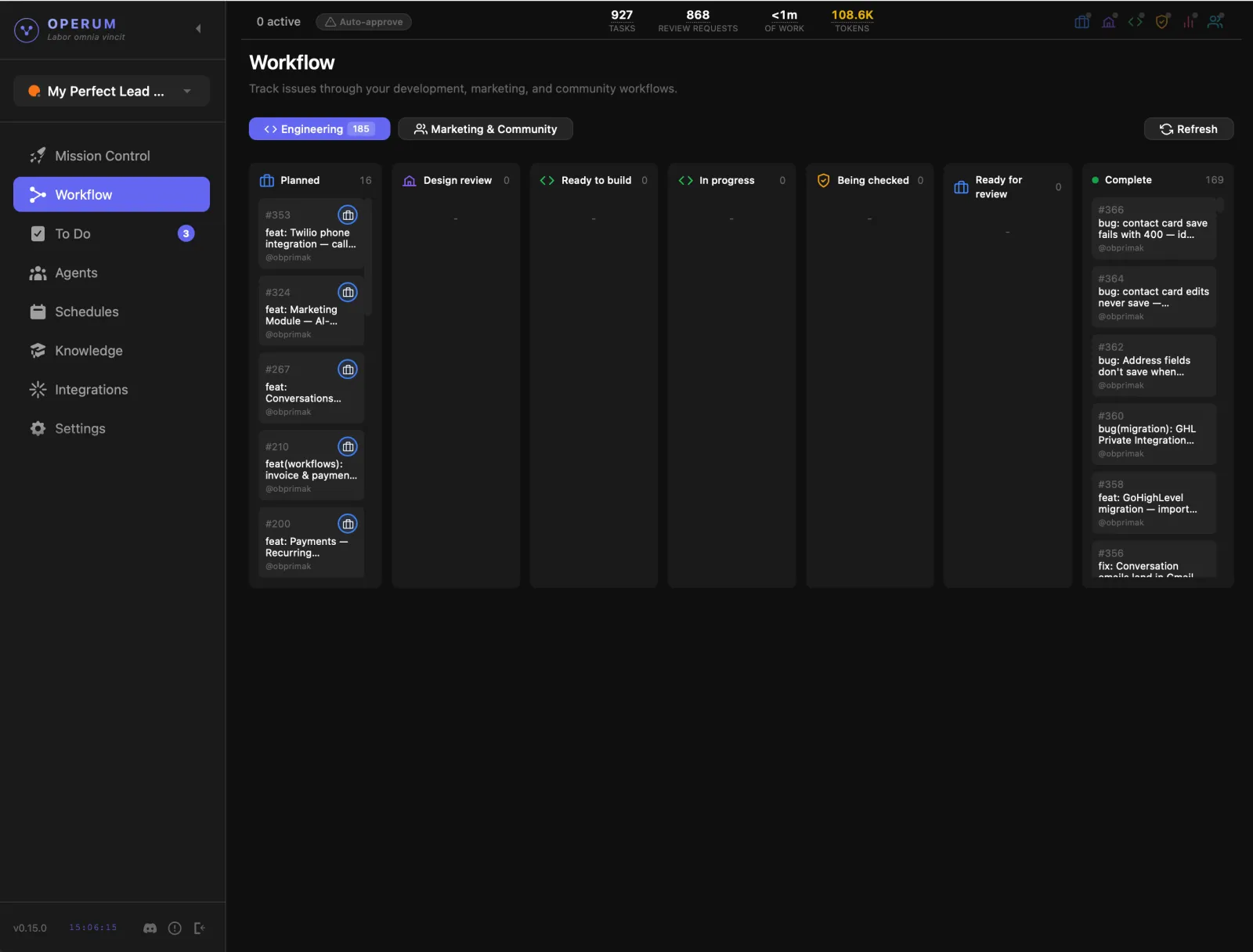 Operum workflow board — visual Kanban view of your development workflow